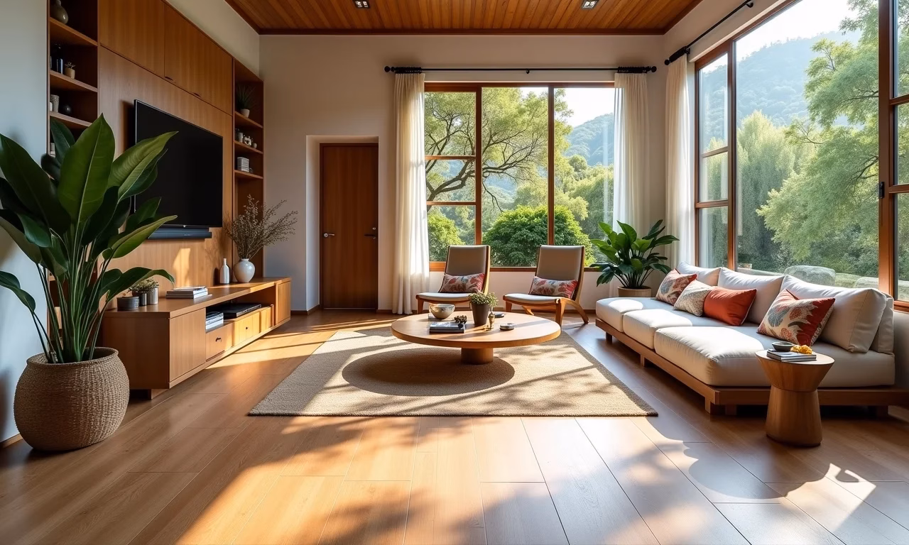 Sala de estar moderna com porcelanato Pamesa, decoração vibrante e luz natural.