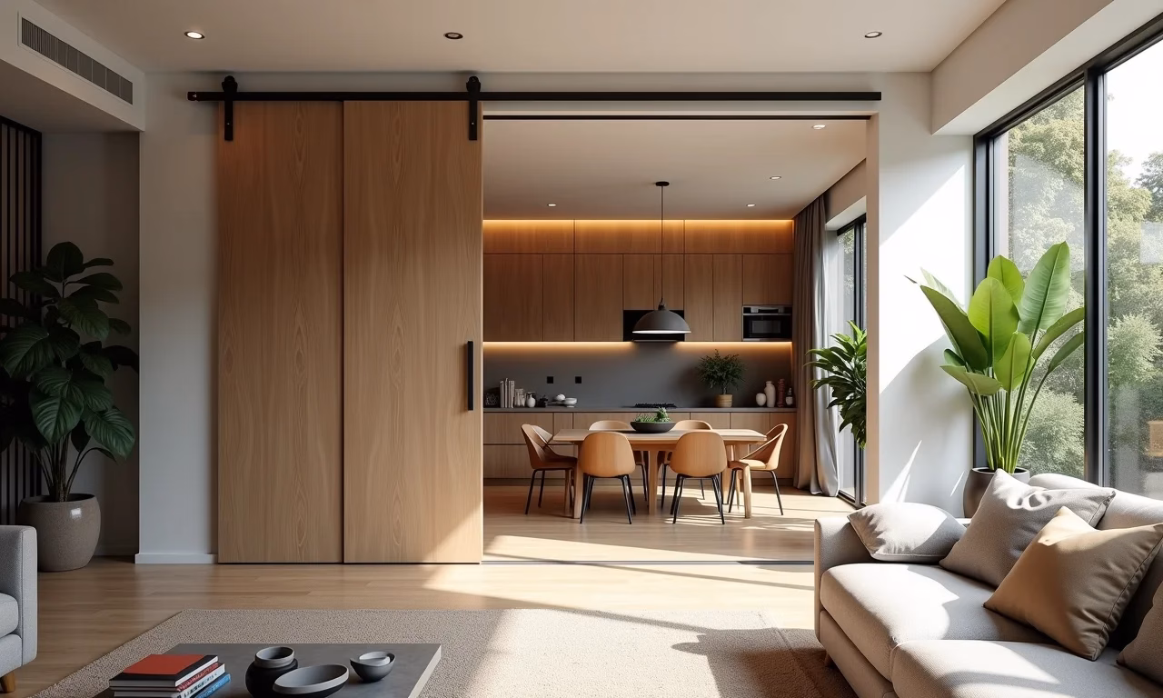 Sala de estar moderna com porta de correr embutida, integrando espaços.