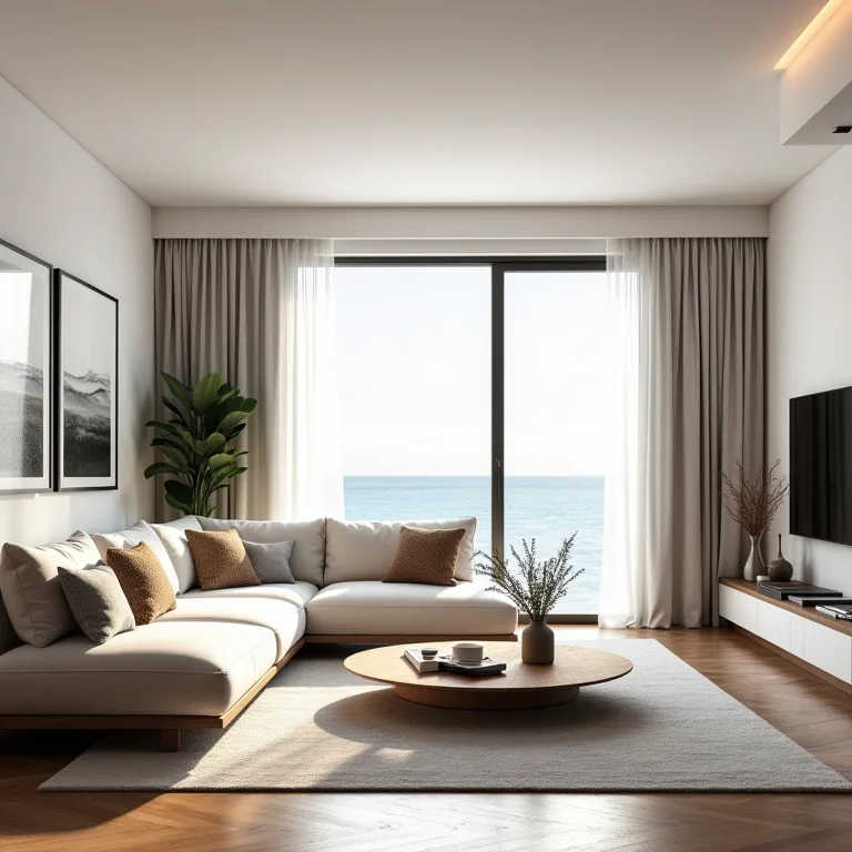 Sala de estar pequena com sofá grande e volumoso.