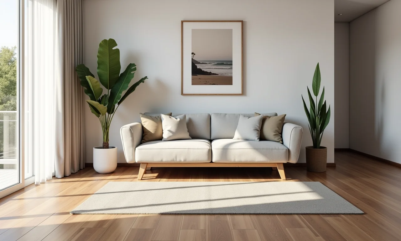 Sala de estar prática com piso laminado claro.