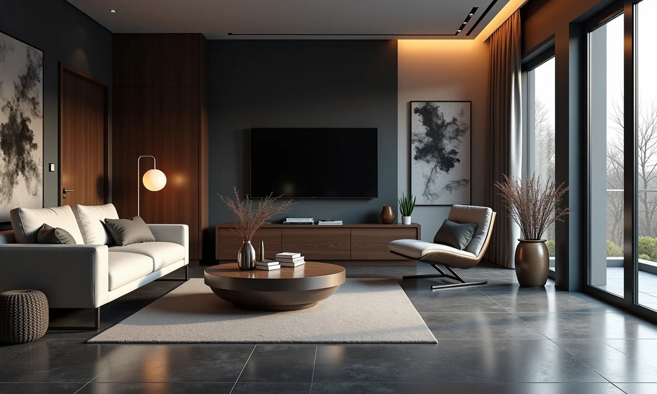 Sala de estar sofisticada com porcelanato cinza escuro, móveis modernos e iluminação de destaque.