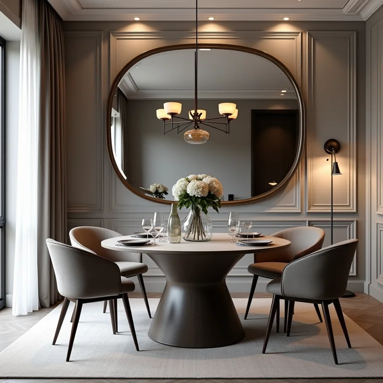 Sala de jantar com espelho bisotado adicionando profundidade