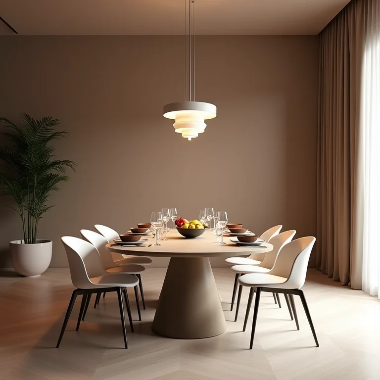 Sala de jantar elegante com mesa Saarinen e cadeiras modernas.