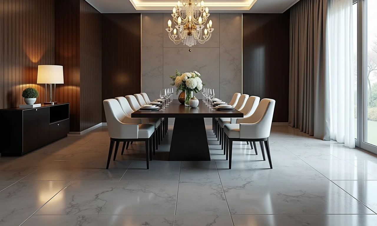 Sala de jantar elegante com porcelanato cinza polido, mesa formal e lustre sofisticado.