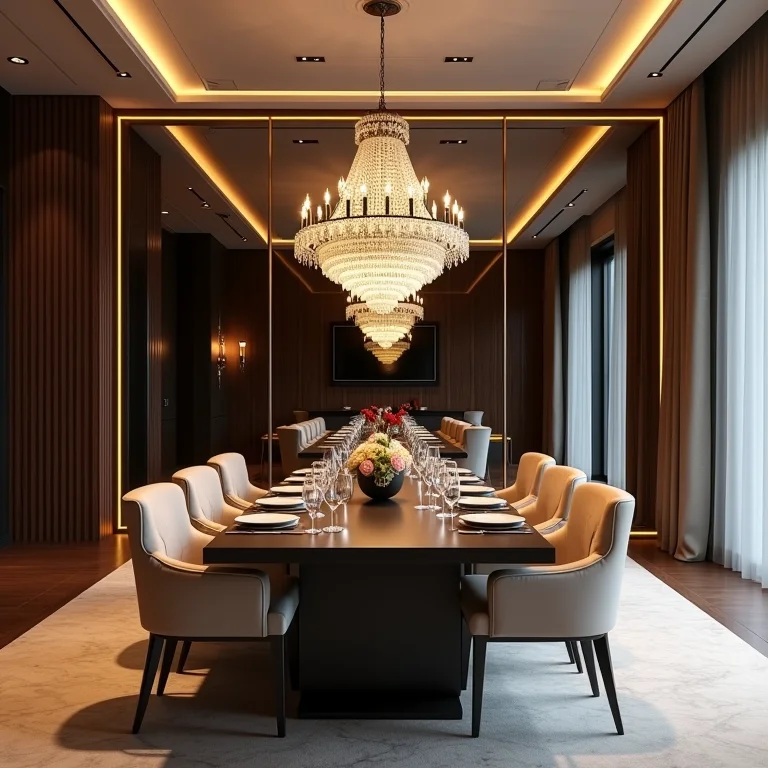 Sala de jantar luxuosa com parede de espelho refletindo a iluminação e os móveis.