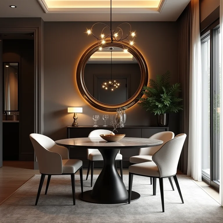 Sala de jantar sofisticada com espelho decorativo