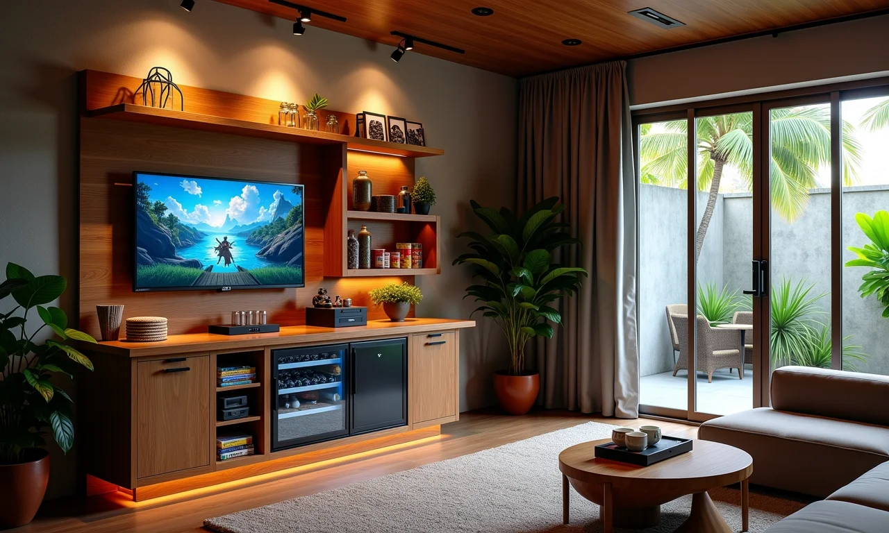 Sala de jogos com bar de lanches, frigobar e estação de carregamento.