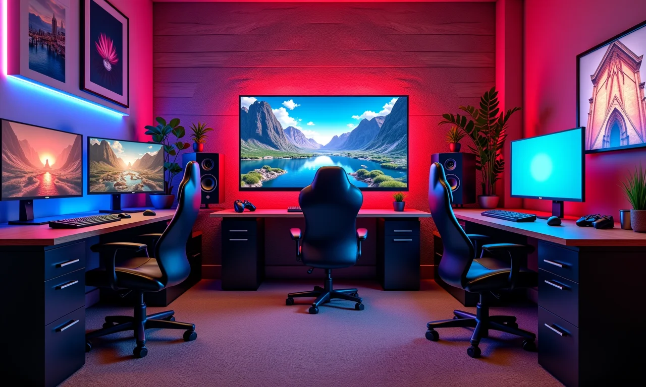 Sala de jogos com estilos diversos: arcade retrô, esports moderno e canto de jogos de tabuleiro aconchegante.