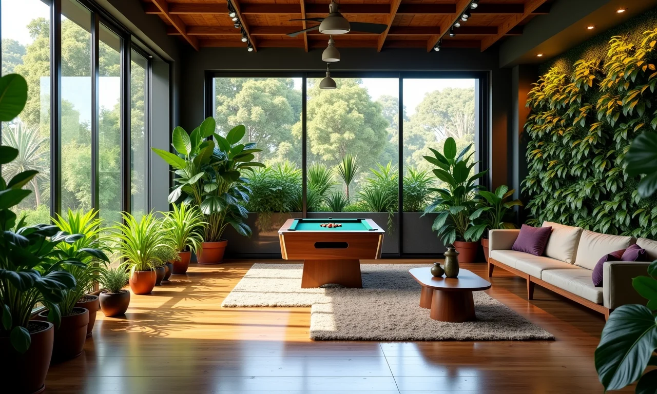 Sala de jogos com plantas, jardins verticais e elementos naturais.