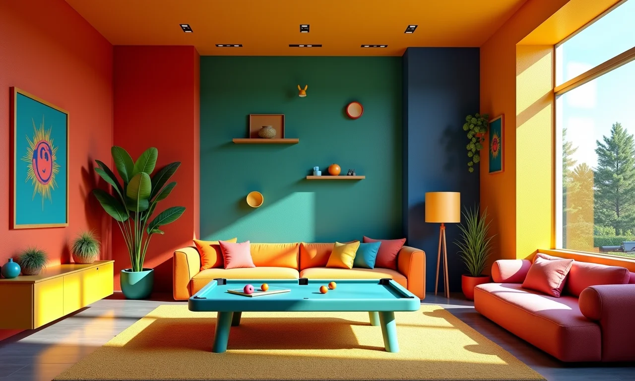 Sala de jogos vibrante com cores ousadas, paredes texturizadas e estampas divertidas.