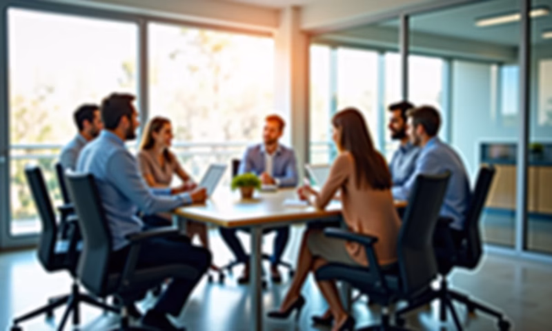 Sala de reunião moderna com equipe diversa e cadeiras ergonômicas.
