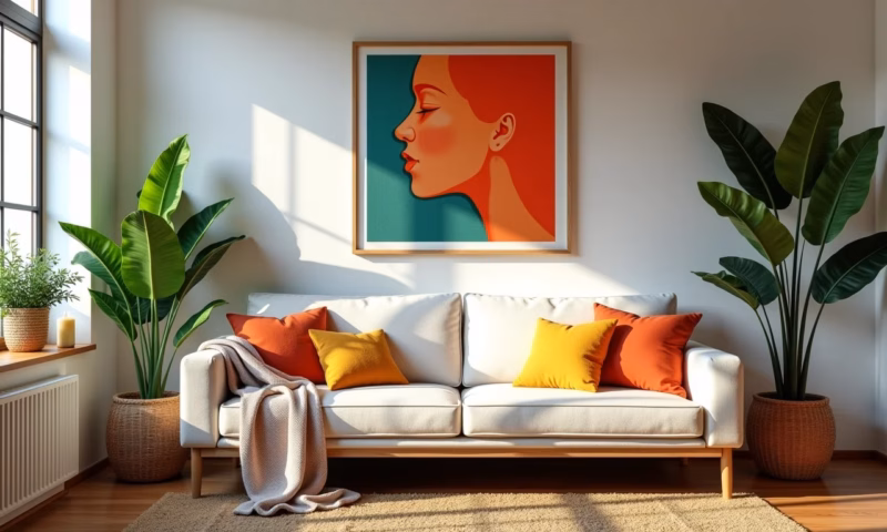 Sala decorada com almofadas customizadas, quadros DIY e plantas, estilo brasileiro.