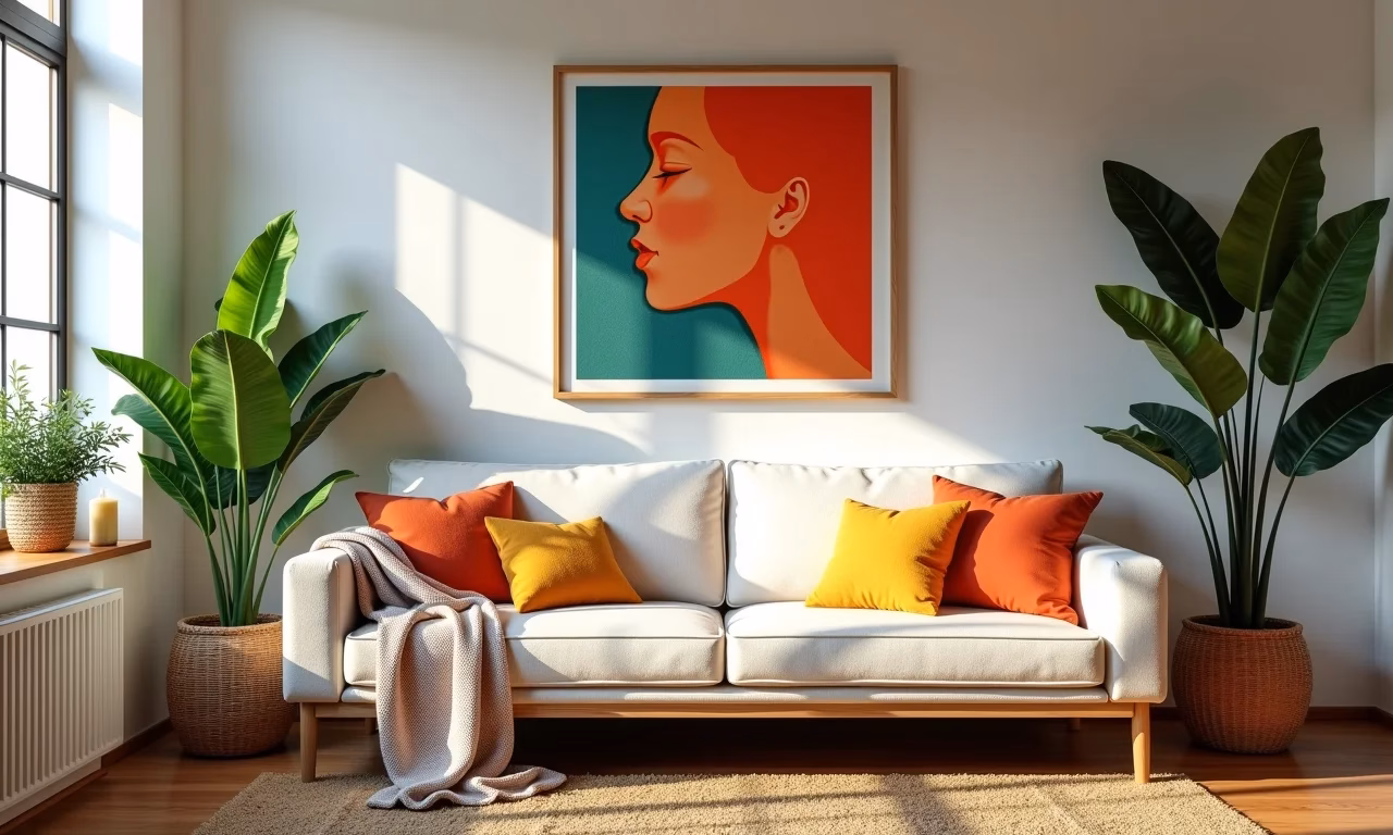 Sala decorada com almofadas customizadas, quadros DIY e plantas, estilo brasileiro.