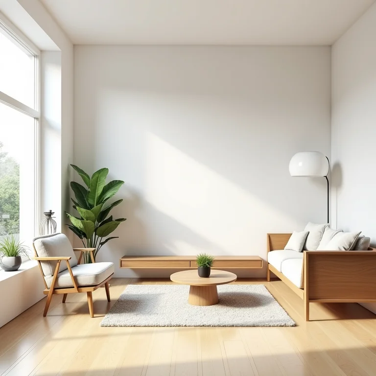 Sala minimalista com piso de madeira clara e móveis de estilo moderno.
