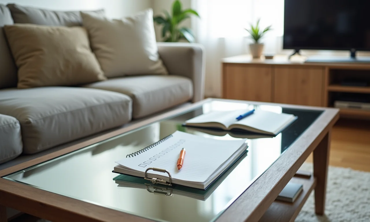 Sala organizada com mesa espelhada e checklist para resumo de informações.