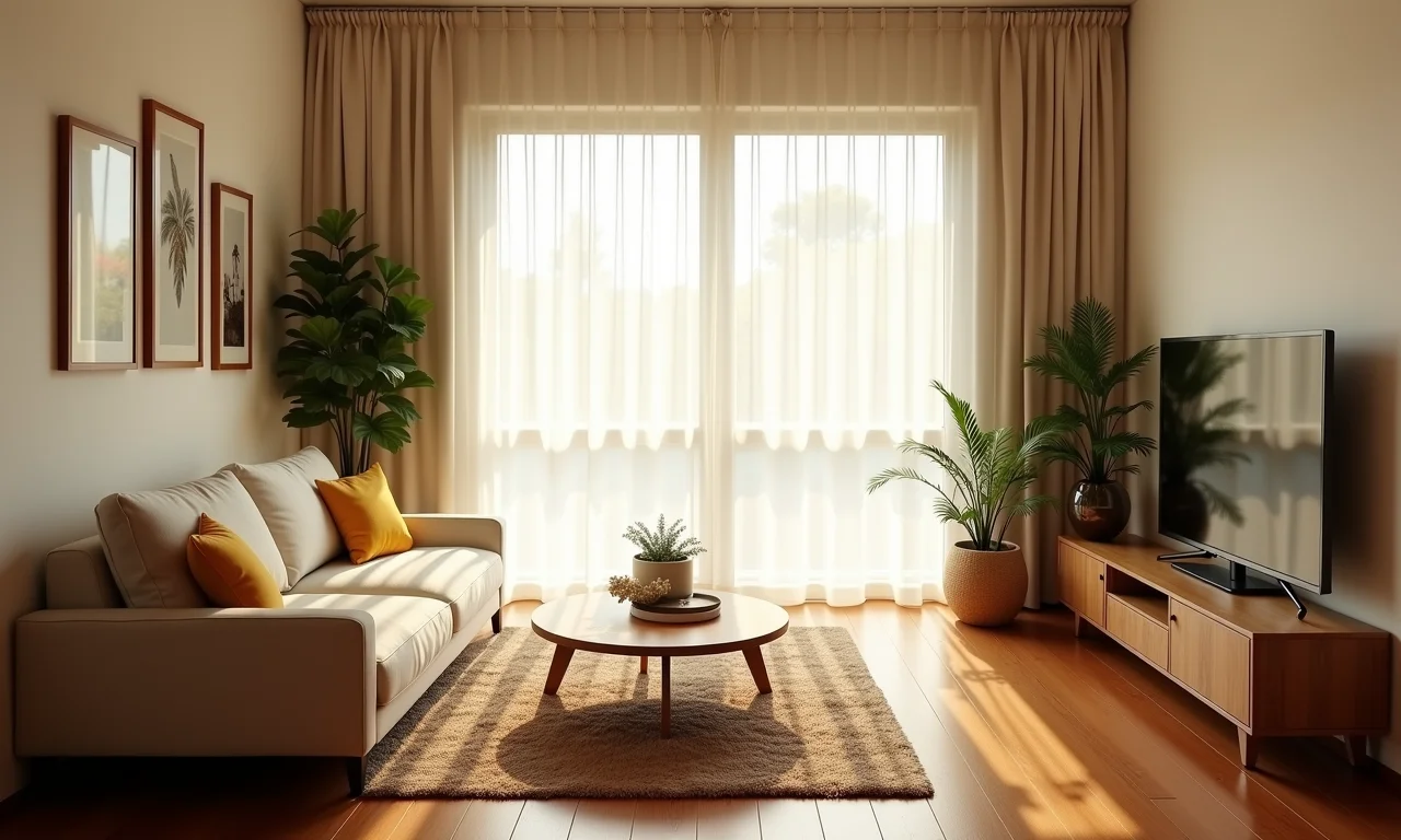 Sala pequena com cortinas leves, permitindo a entrada de luz natural e garantindo privacidade.