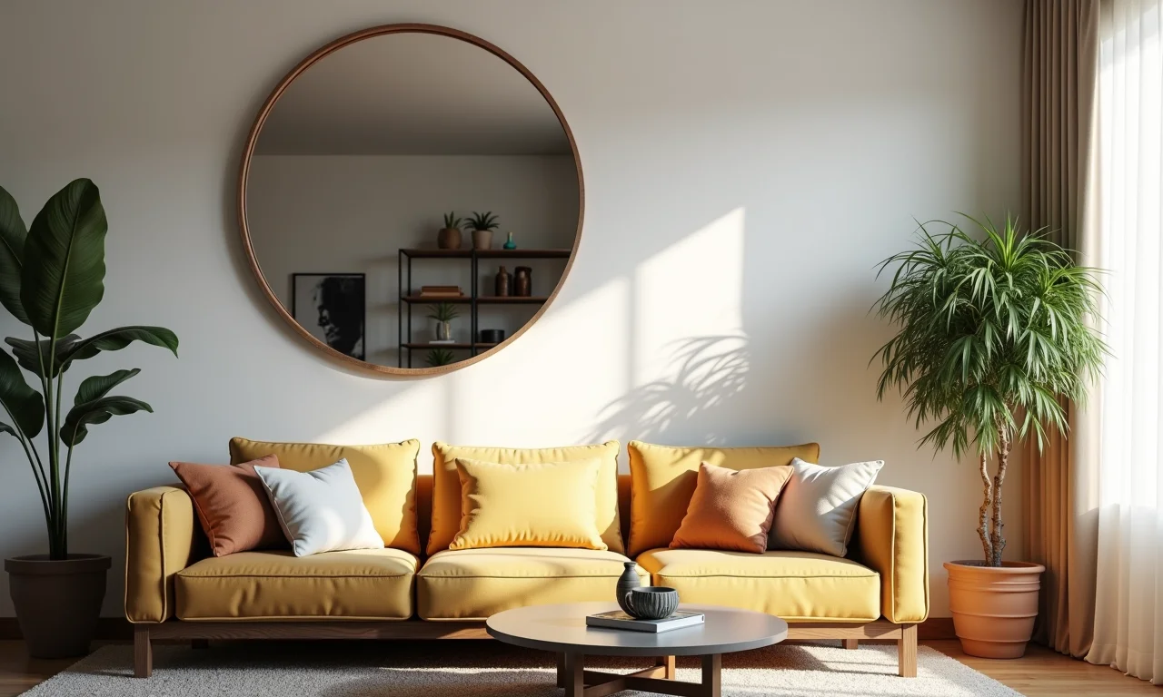Sala pequena com espelho grande na parede, ampliando o espaço e refletindo a luz.