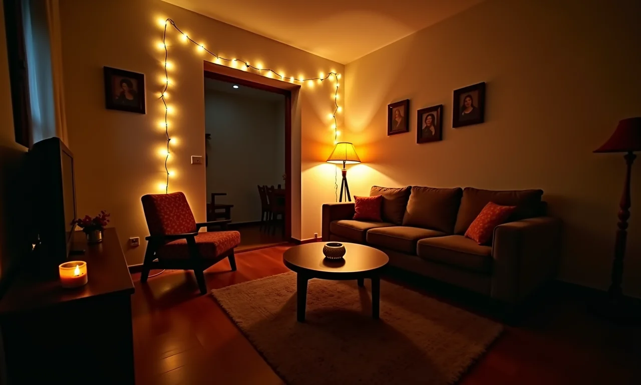 Sala pequena com iluminação aconchegante, abajur, luzes indiretas e velas.