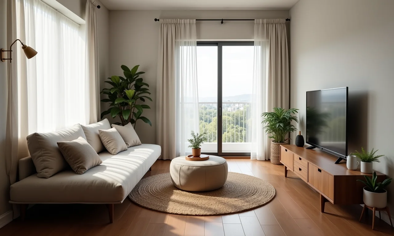 Sala pequena com móveis multifuncionais, como sofá-cama e puff com armazenamento.