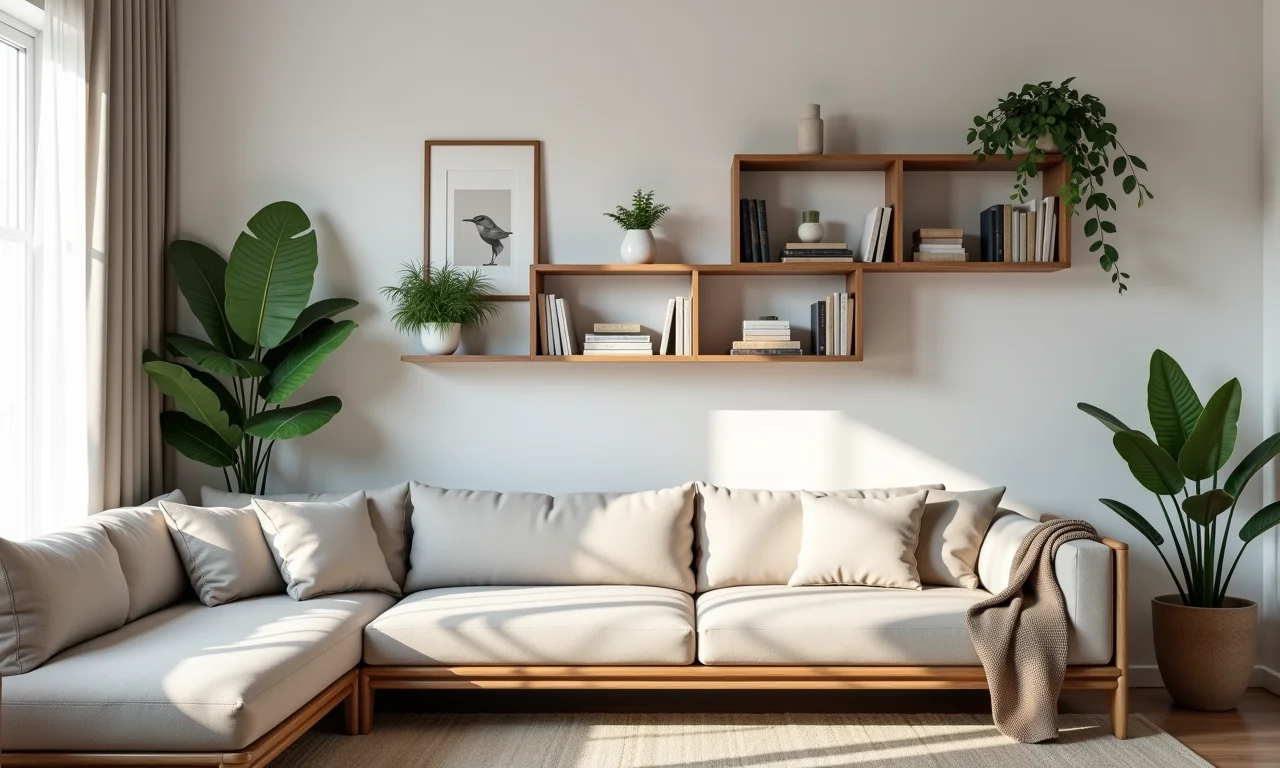 Sala pequena com prateleiras e nichos na parede, organizando livros e objetos de decoração.