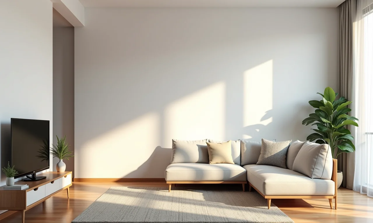 Sala pequena minimalista, organizada e com poucos objetos, transmitindo leveza.