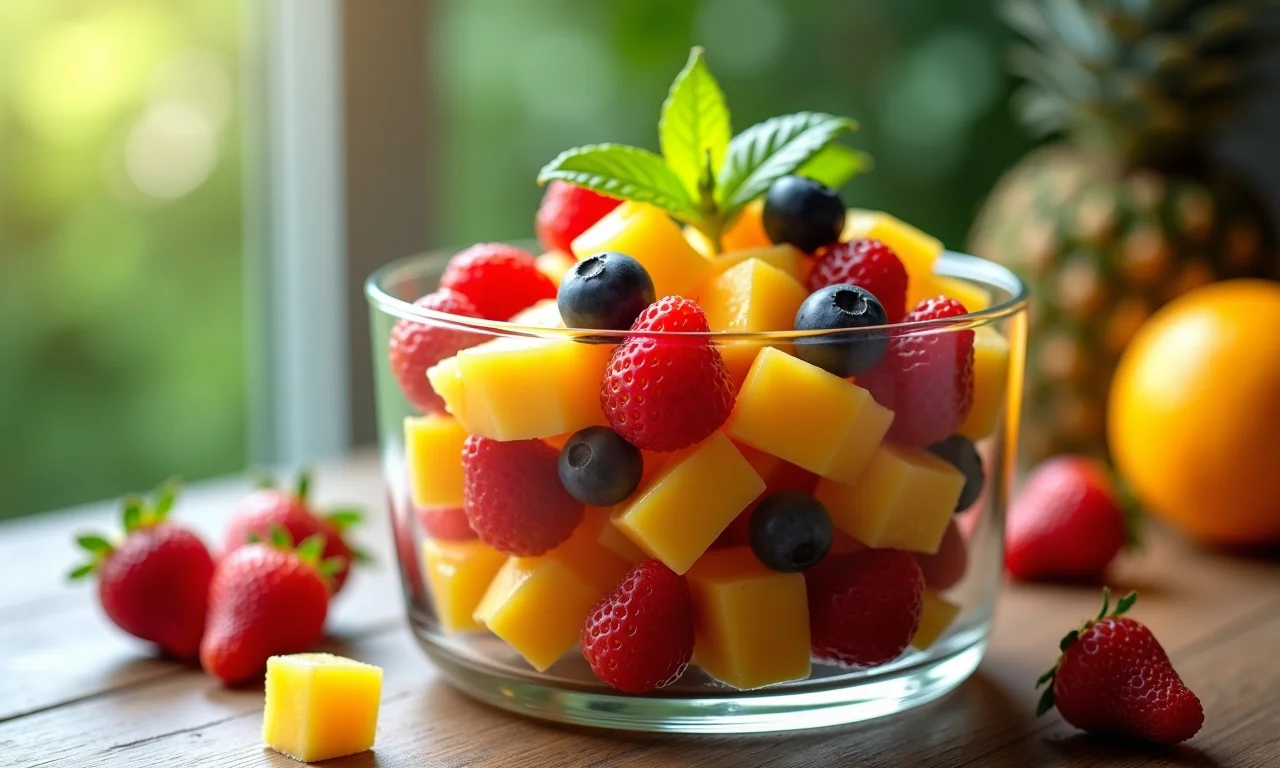 Salada de frutas refrescante em pote de vidro.