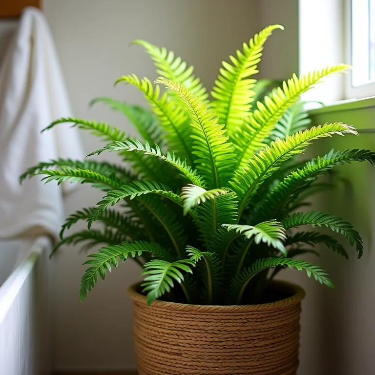 Samambaia exuberante em banheiro boho chic