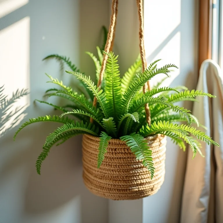 Samambaia pendente em banheiro boho chic.