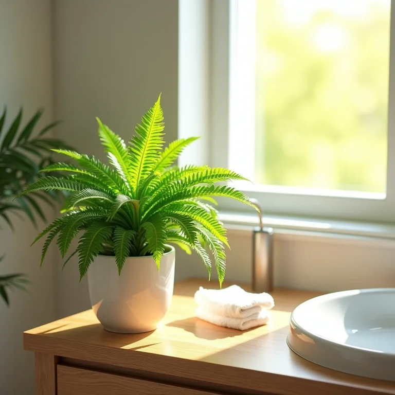 Samambaia verde vibrante em balcão de madeira natural com luz solar.