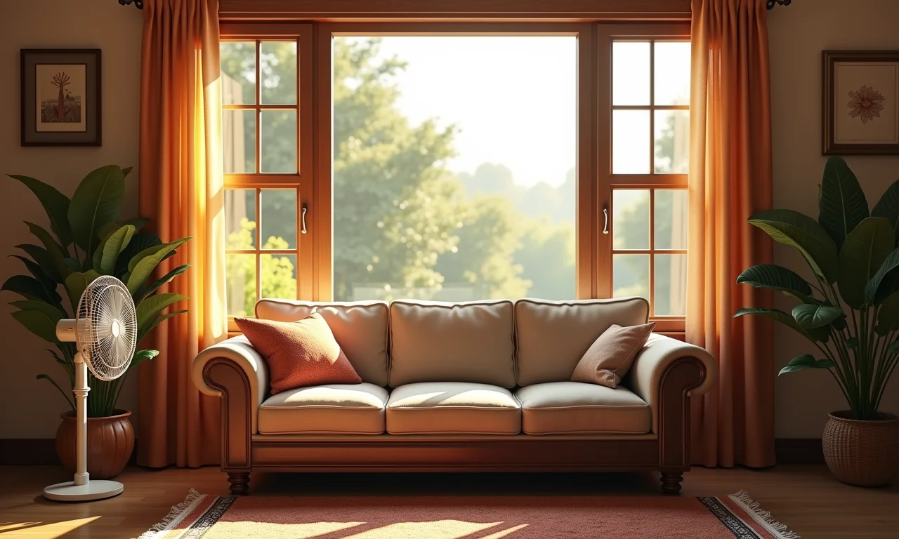 Secando o sofá de tecido após a limpeza com ventilador e janelas abertas.