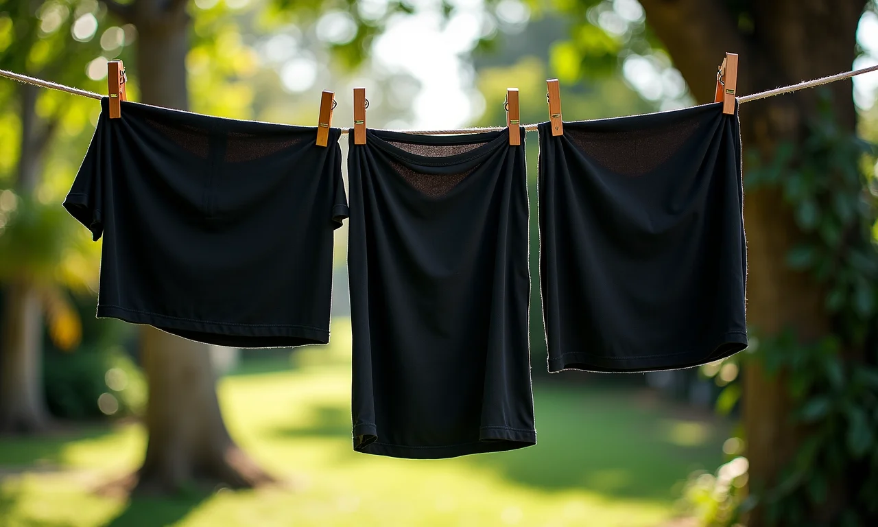 Secando roupas pretas à sombra em varal.