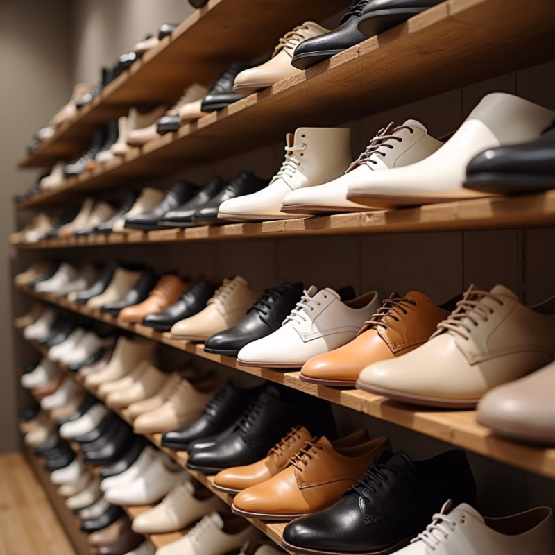 Shoes arranged by color (black, white, brown, nude) on shelves, harmonious visual, 8k quality, Sapatos organizados por cor em uma sapateira.
