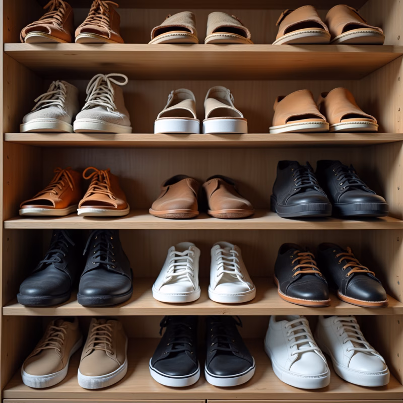 Shoes categorized by type (sandals, sneakers, boots) on shelves, bright lighting, organized closet, Sapatos categorizados por tipo em uma sapateira organizada.