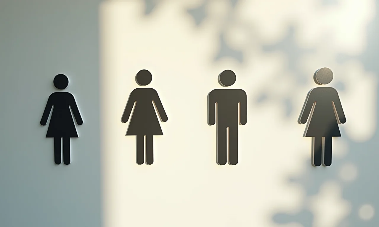 Símbolos inusitados para identificar banheiros, ícones de pessoas estilizadas.