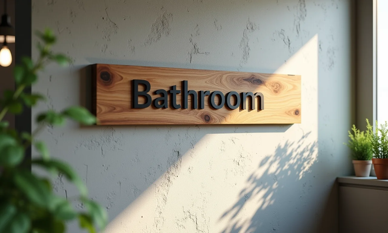 Sinalização criativa de banheiro em parede texturizada.