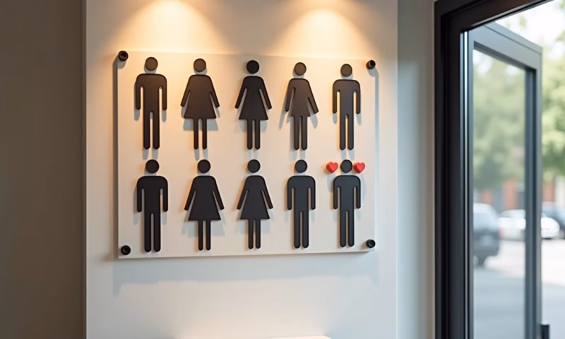 Sinalização de Banheiro: Placas Criativas e Legais Sinalização de banheiro moderna com símbolos diversos e tipografia elegante.