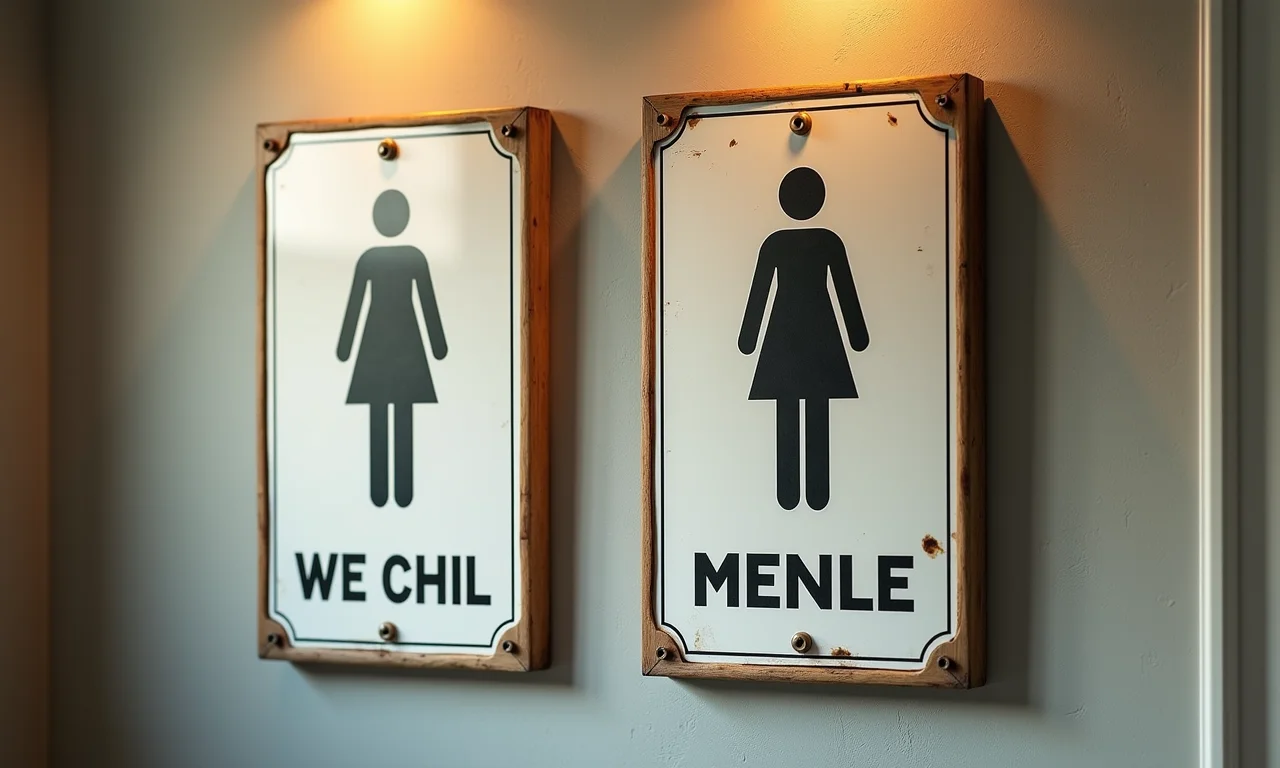 Sinalização original para banheiros feminino e masculino em estilo vintage.