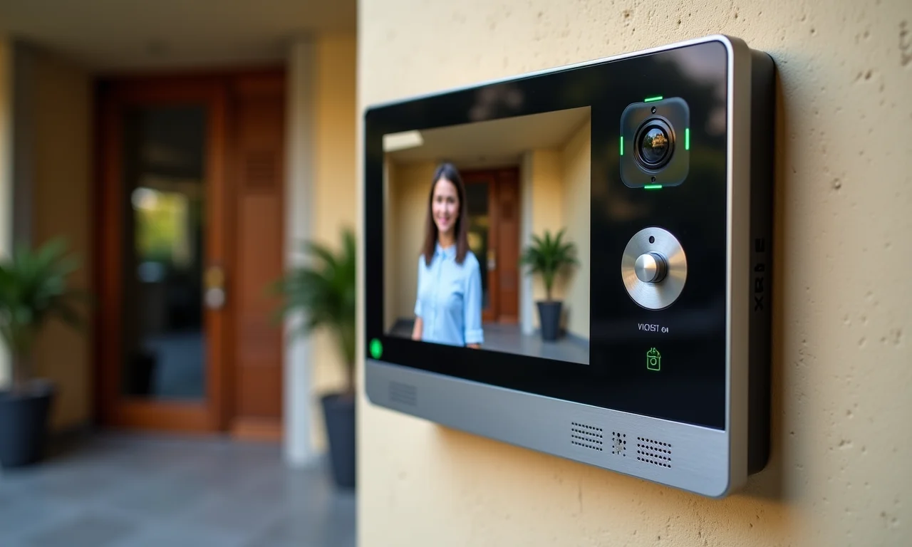 Sistema de interfonia com vídeo mostrando visitante em entrada de prédio.