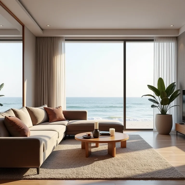 Sofá de veludo em apartamento de praia