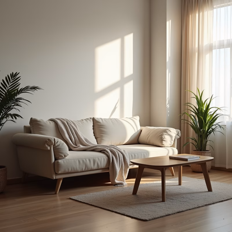 Sofa drying in ventilated room, natural light, professional photography, 8K quality, sharp focus, Sofá secando após impermeabilização.