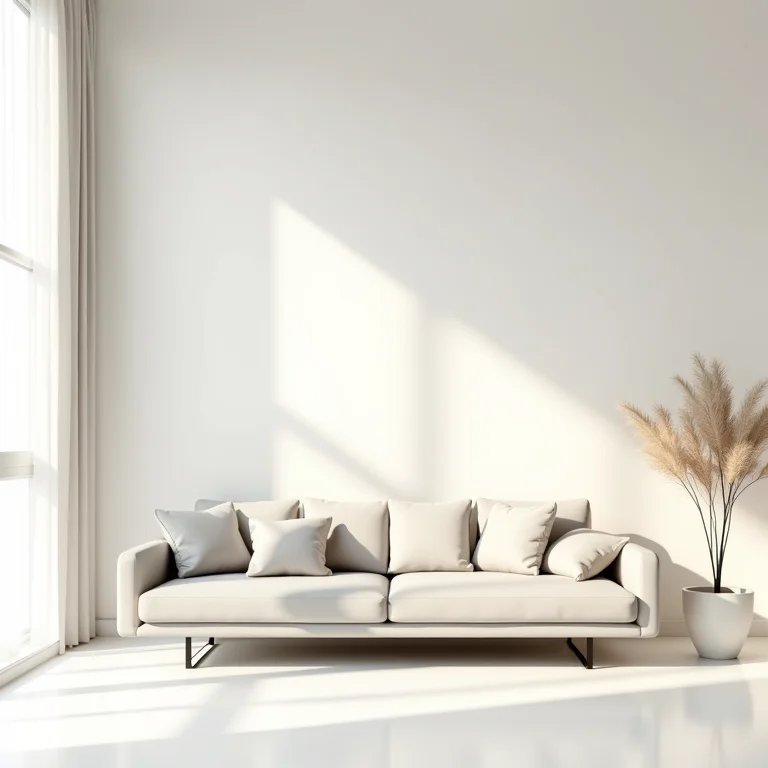 Sofá minimalista em uma sala de estar clean.
