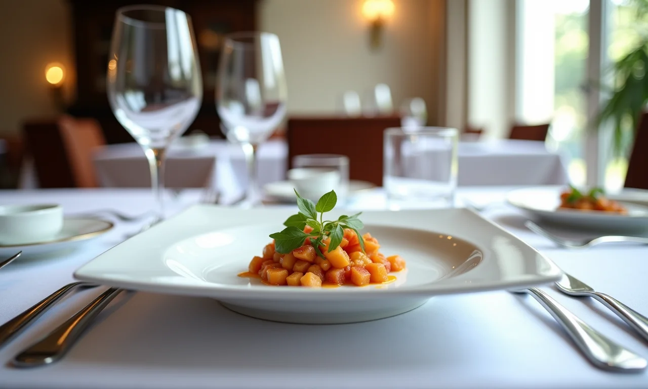 Sousplat branco clássico sob prato quadrado em sala de jantar elegante.