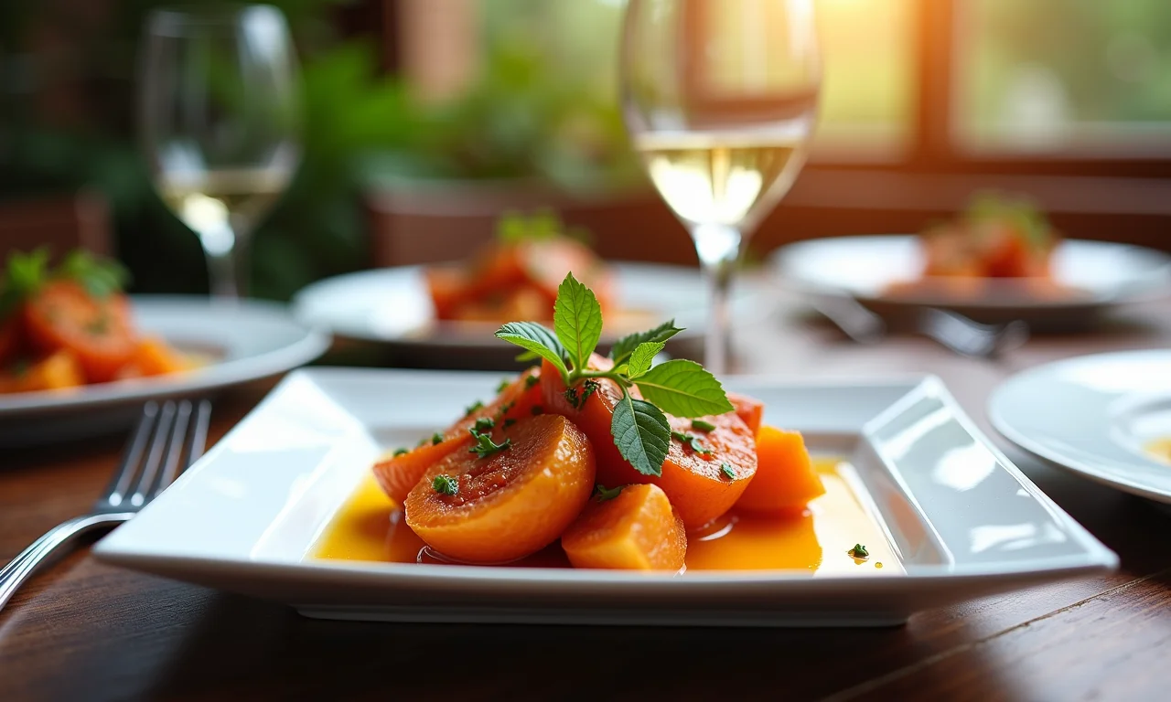 Sousplat colorido vibrante sob prato quadrado em mesa alegre.