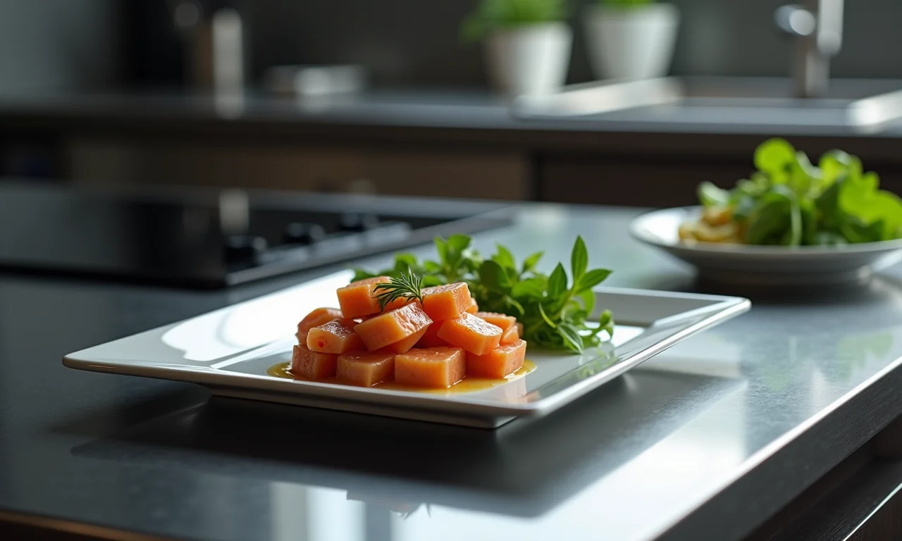Sousplat de aço inox moderno sob prato quadrado em cozinha minimalista.
