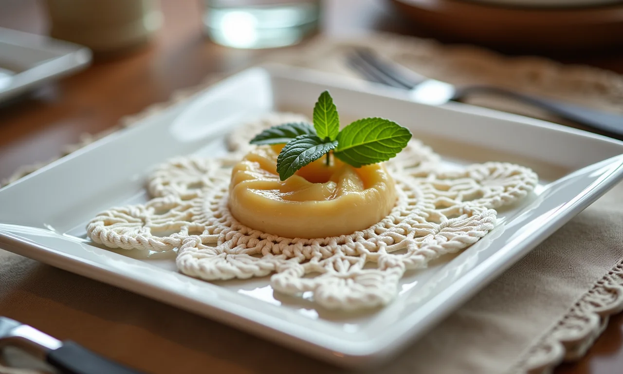 Sousplat de crochê delicado sob prato quadrado em mesa personalizada.