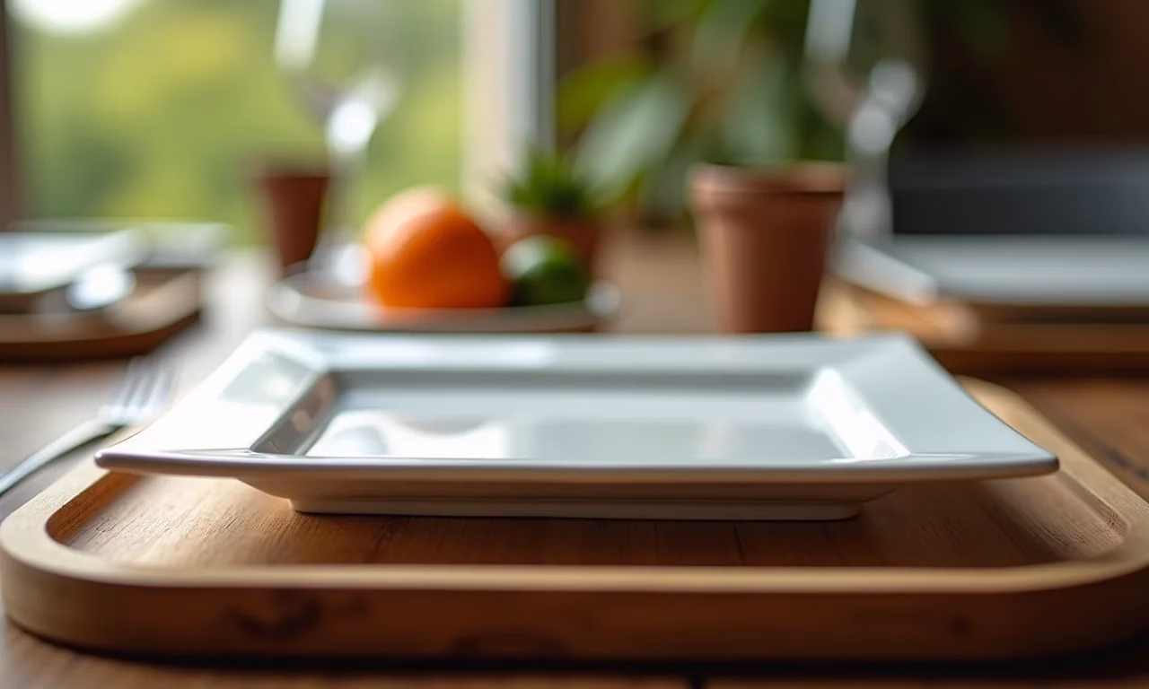 Sousplat de madeira para prato quadrado em mesa decorada com estilo Farm Rio.