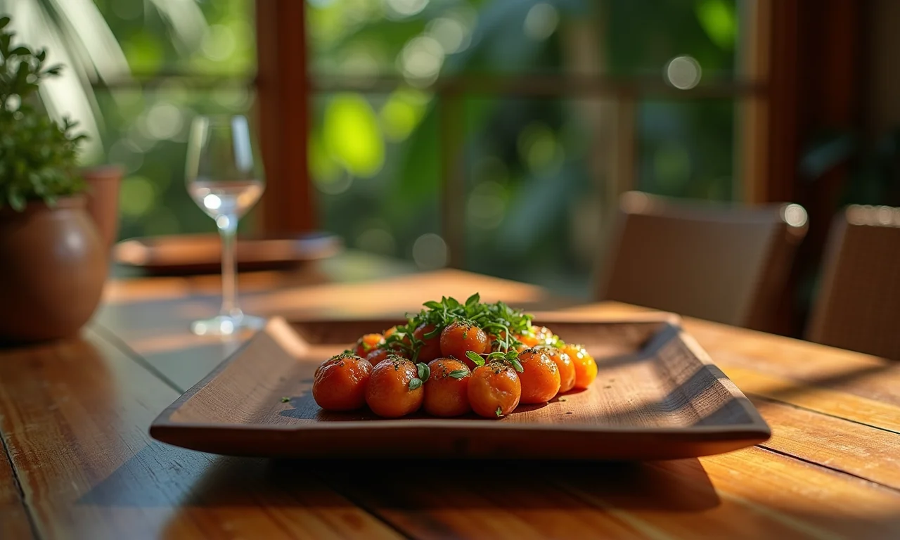Sousplat de madeira rústico sob prato quadrado em mesa de jantar.