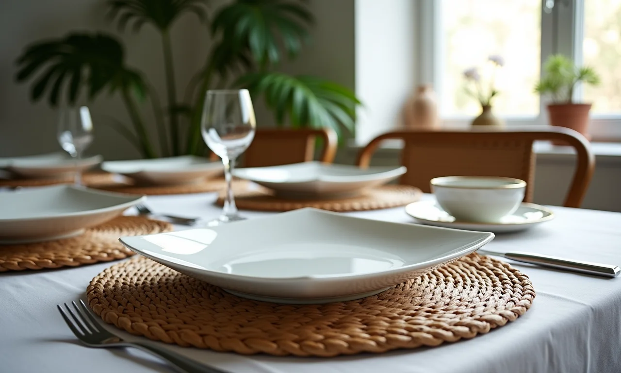 Sousplat de rattan leve sob prato quadrado em sala de jantar arejada.