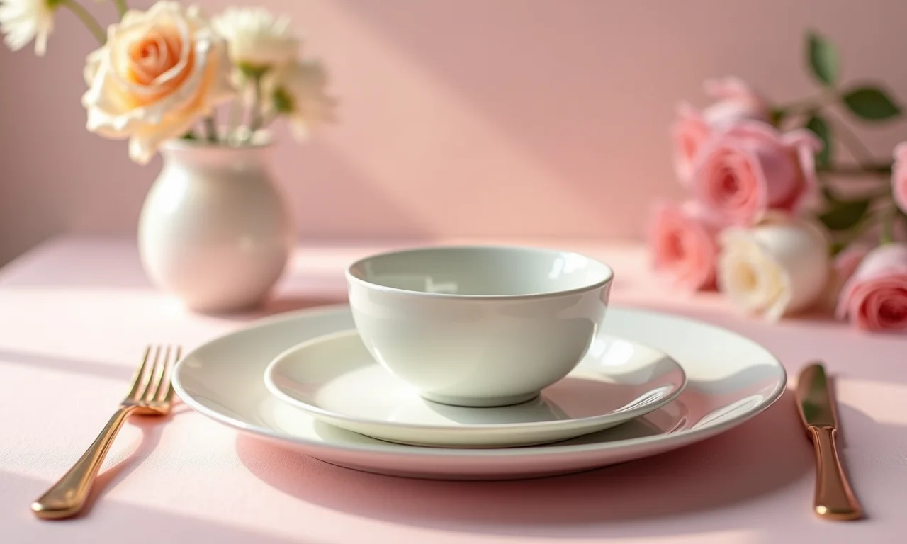 Sousplat em tons pastel sob prato quadrado em mesa romântica.