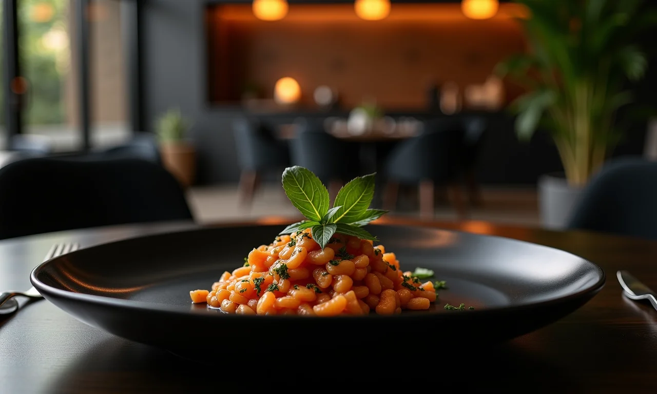 Sousplat preto moderno sob prato quadrado em sala de jantar sofisticada.